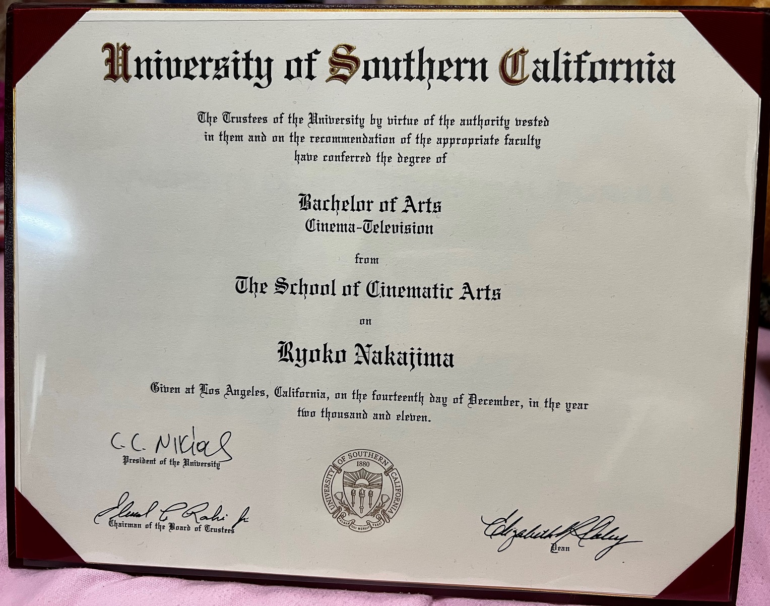 南カリフォルニア大学の卒業証書