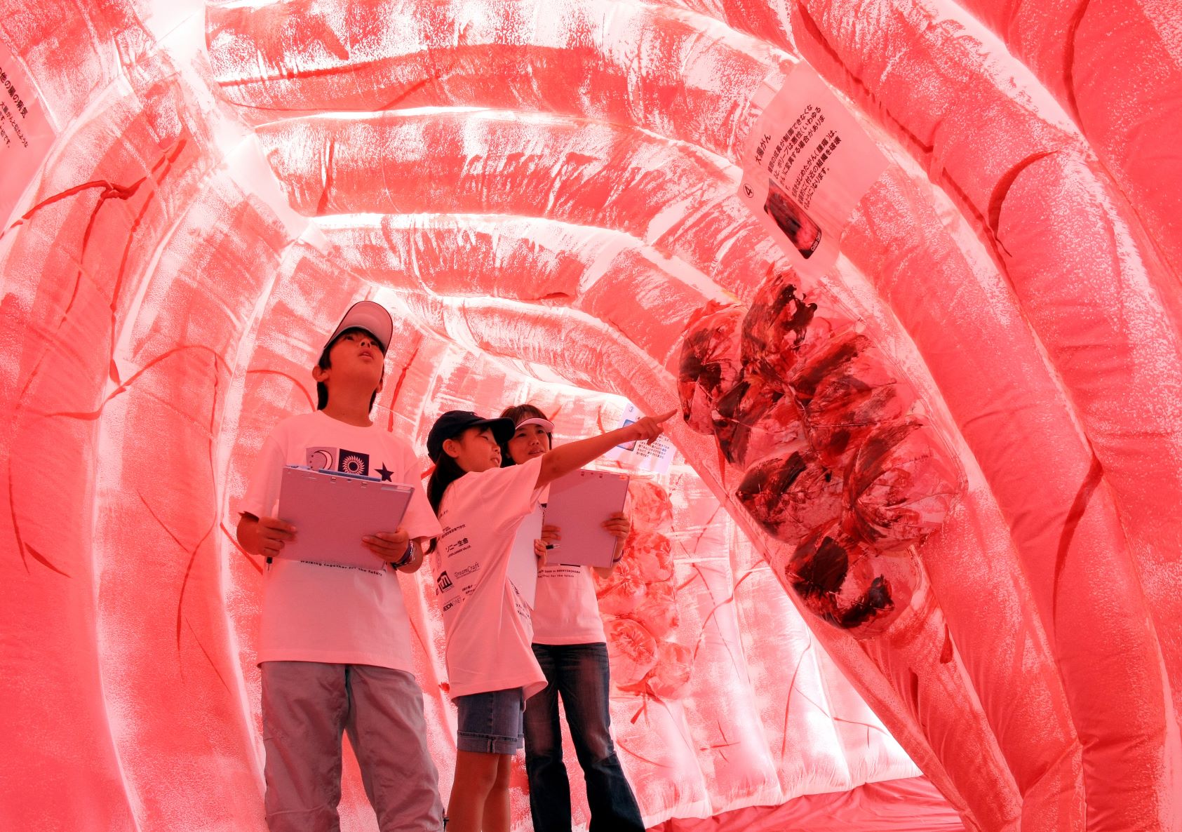 巨大な大腸のオブジェ「ジャイアント・コロン」。欧州の大腸がん患者らの非営利団体が作成。大腸内部には腫瘍（しゅよう）やポリープなどの病巣がリアルに作られた＝2009年横浜市
