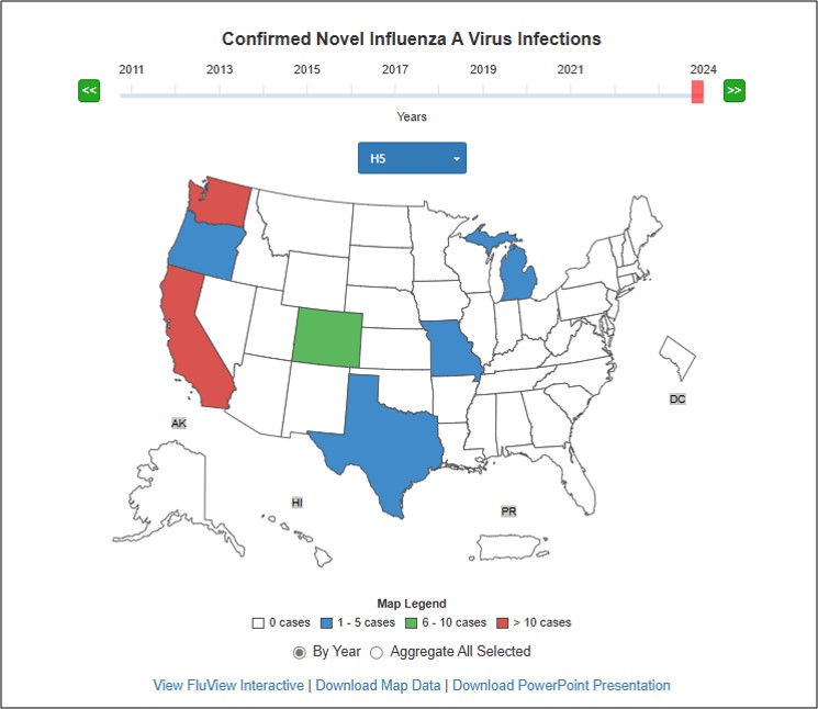 図　米国での鳥インフルエンザH5N1の感染者発生状況（2024年）＝米疾病対策センター（CDC）ホームページより