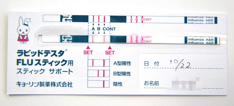 インフルエンザの簡易検査結果を示す用紙す＊名前に画像処理してあります＝2009年10月22日 、東京・中野区【 時事】