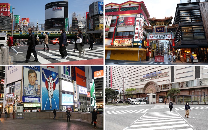 新型コロナウイルス感染拡大による緊急事態宣言発令後、初めての週末を迎えた宣言対象の４都市。普段に比べて人通りはまばら。（左上から時計回りに）東京・新宿、神奈川・横浜中華街、福岡・天神、大阪・道頓堀の街並み（4月11日）【時事】