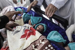 エジプトへの移送を待つ新生児＝２０２３年１１月、パレスチナ自治区ガザ南部ラファ（ＥＰＡ時事）
