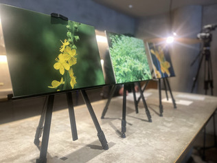 イベントで展示されたキンミズヒキの花の写真パネル＝３月６日、東京都渋谷区（ファンケル提供）
