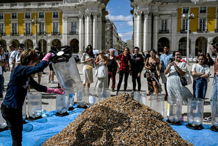 意識啓発のため広場に集められた、ポルトガルのたばこの吸い殻の山＝４月２３日、リスボン（ＡＦＰ時事）
