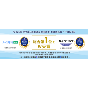 ナース専科 転職とカイゴジョブエージェント、「2025年 オリコン顧客満足度(R)調査」で総合第1位をW受賞。利用のしやすさ・担当者の対応・紹介求人の豊富さ・紹介求人の質・交渉力の全評価項目でも1位を獲得