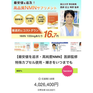 高品質、最安値NMNサプリメント「NMN6000」がクラウドファンディング目標金額800％を達成、購入金額が400万円を突破！若々しさのための新ブランド「からだCOSME」から追加リターンのお知らせ。